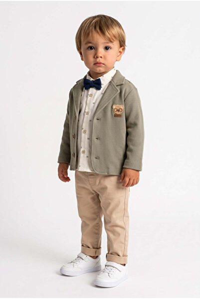 Minipomes Baby Boy Jacket Pants Shirt Set Khaki