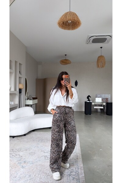 Buket Teke Brown Jacquard Leopard Pants