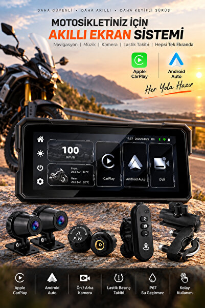 ROBEVE 8.1 İnç Motosiklet CarPlay Android Auto Navigasyon Ekranı – IPS Dokunmatik Ekran, Ön Arka DVR Kamera, TPMS Lastik Basınç Sensörü, GPS Hız Göstergesi, Kablosuz Gidon Kumandası, IP67 Su Geçirmez