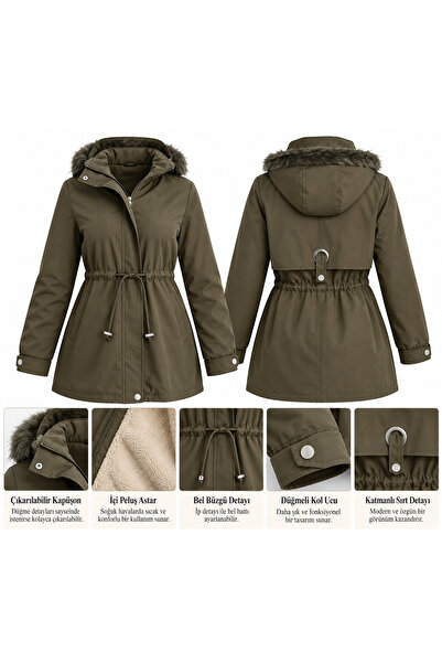 DAWN LİNE Women's Fur Lined Short Coat with Drawstring Waist |   Zippered Plu...