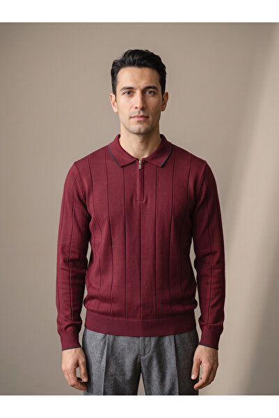 Maccali Pulover pentru bărbați, casual, relaxat, tricotat, cu model, roșu claret