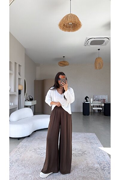 Buket Teke Brown Thin Satin Zr Model Draped Tiril Pants