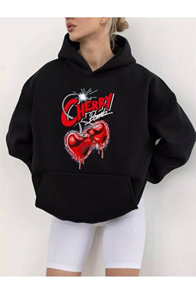 Minga London Siyah Cherry Baskılı Oversize Kapüşonlu Sweatshirt