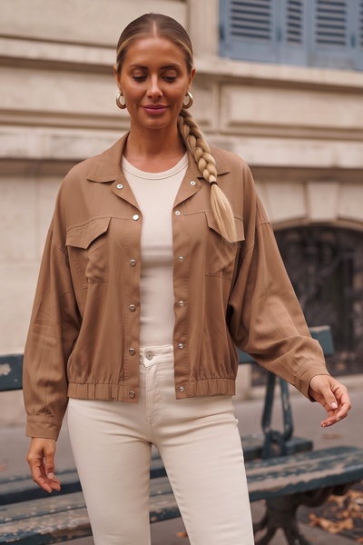 Chiccy Camel Gömlek Yaka Manşetli Kollu Çıt Çıtlı Casual Tencel Kumaş Oversiz...