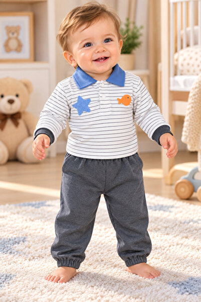 SERPİL Ss Gi̇yi̇m Baby Boy Striped Polo Collar 2-Piece Set – Blue Collar, Fis...