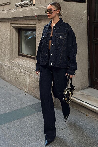 Swist Navy Blue Buttoned Stone Detail Jacket and Wide Leg Trousers Women's To...