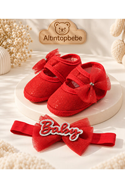 altıntop bebe Baby Girl Red Bow Glittery Booties and Headband Set