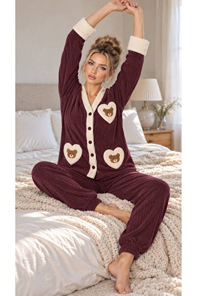 BERELLA Kadın Fitilli Polar Ayıcık Nakışlı Düğmeli Kışlık Pijama Takımı