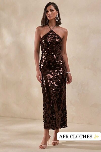 AFR CLOTHES Kadın İP ASKILI KAHVERENGİ Halter Yaka İçi Astarlı İRİLİ UFAKLI P...