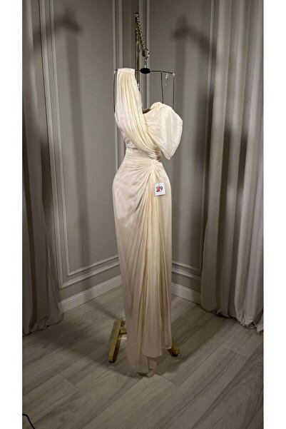 Boutique 219 فستان سهرة أصفر فاتح بكتف واحد، شيفون درابيه إغريقي، راقي وانسيا...