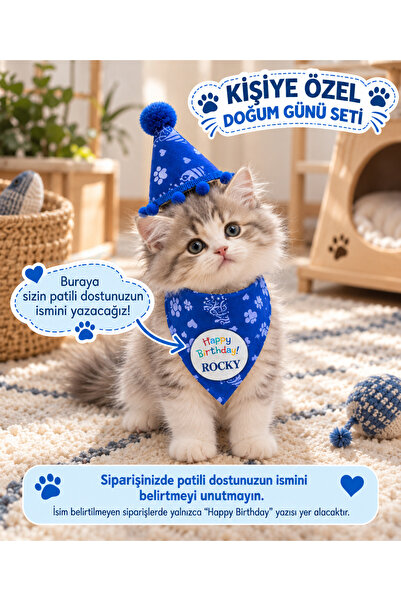 Evcil Hayvan (Kedi) Doğum Günü Seti 2'li – Kişiye Özel İsimli Önlük ve Parti Şapkası