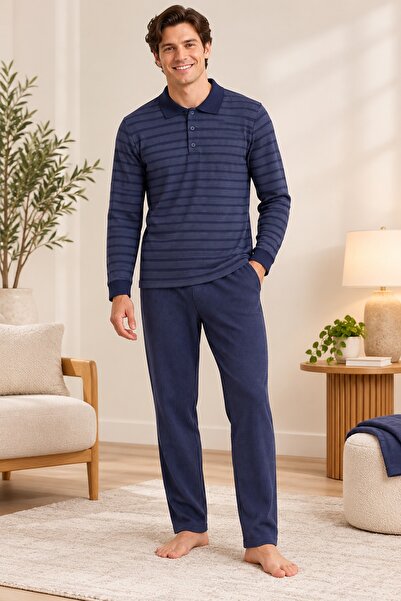 CottonVia Мъжки зимен комплект пижами, плетен в Солун, плътен плат, 100% паму...