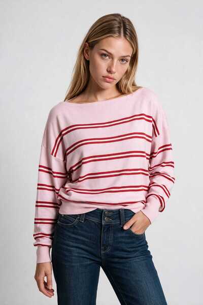 Lovelyİstanbul Boat Neck Striped Knitwear Sweater 4437 Lki̇0071 Pink Red