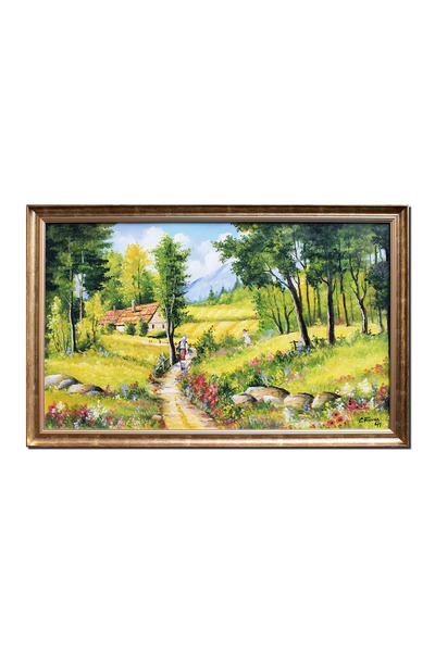 artnova Рамкирана ръчно рисувана картина на селски пейзаж, Спомени от баба и ...