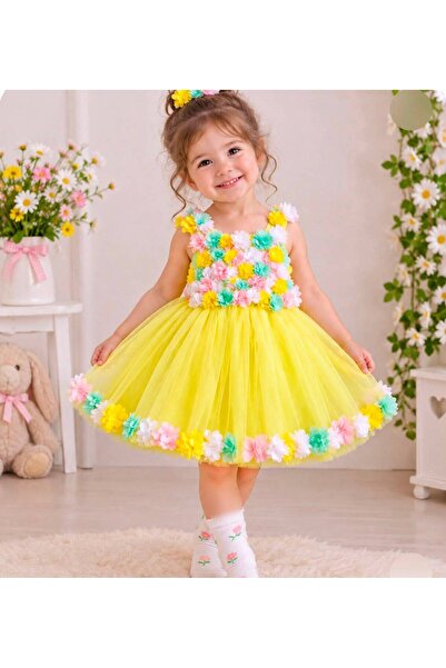 GOLD TEKSTİL Yellow Floral Tulle Baby Girl Dress Hair Band Socks Set Birthday...