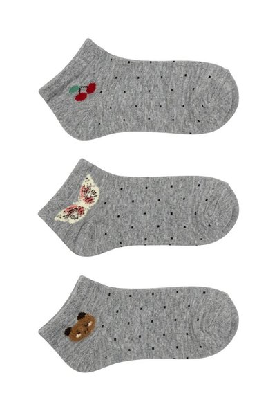 ESER Women's Booties Socks, Gray Color with Cherry, Butterfly and Teddy Bear Figures - Pack of 3