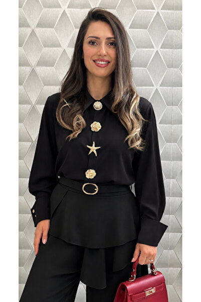 OnlyForYou Cămașă Damă Elegantă din Material Satinat Tip Piersicuță cu Broșe ...