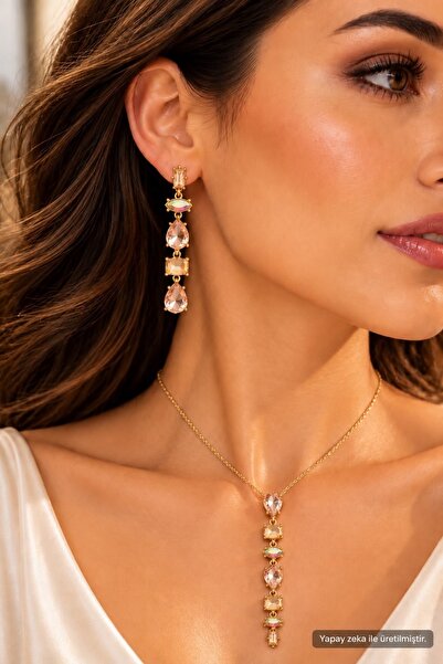 Valmont Gold Color Crystal Stone Necklace and Earring Set – Elegant Long Desi...