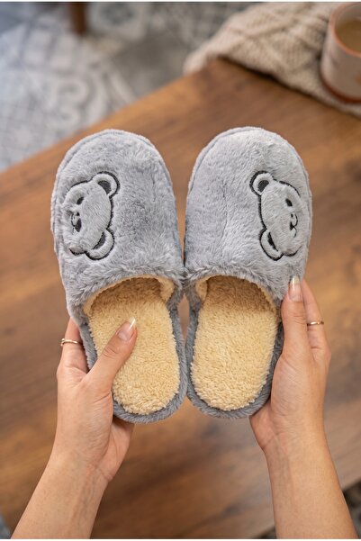 Moda Devrin Women's Gray Cute Bear Embroidered Plush House Slippers
