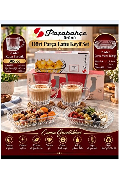 Paşabahçe 4 lü Latte keyıflı set 2 ad.cam Raın kupa bardak 305 cc 2 ad mezze ...