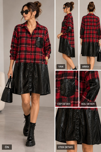 THIRTEEN SELECT Women's Red Plaid Shirt Collar Black Leather Look Detailed Mini Dress