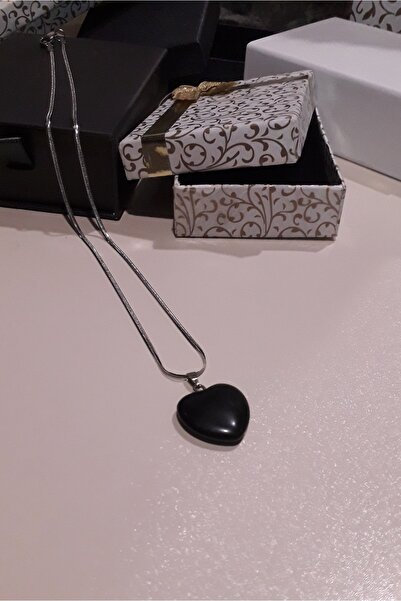 emirOmade Obsidian Natural Stone Necklace 45cm with Steel Chain 2.1X2.5Cm Obs...