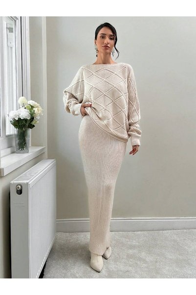 miss sadem Women's Cream Baklava Patterned Knitwear Double Set