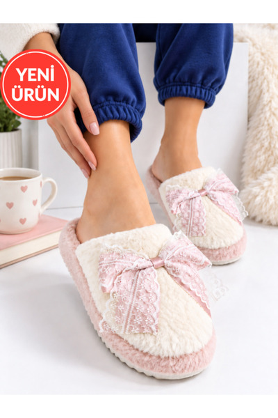 STOCON Women's Plush Lace Bow Detailed Winter House Slippers Dowry Slippers G...