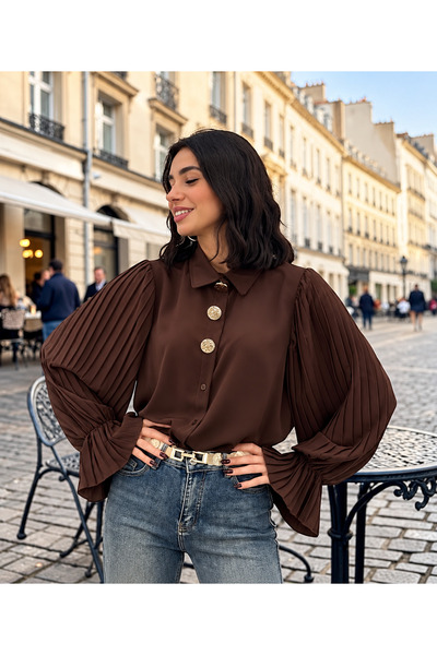 OnlyForYou Cămașă Damă Elegantă din Material Satinat Tip Piersicuță, Mâneci P...