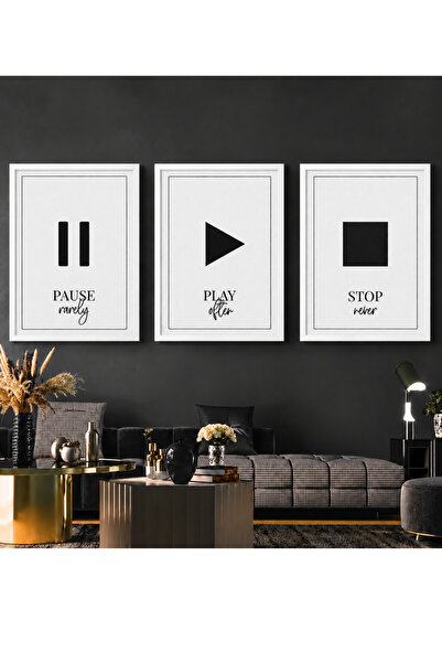 NT Handmade Natural Wood Framed 3-Piece Pause Play Stop Motivational Painting...
