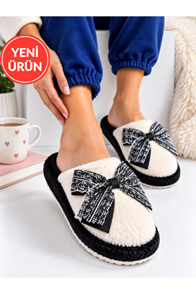 STOCON Women's Plush Lace Bow Detailed Winter House Slippers Dowry Slippers G...