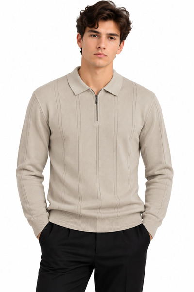 ribana Men's Ribbed Polo Collar Zippered Knitted Sweater 27151