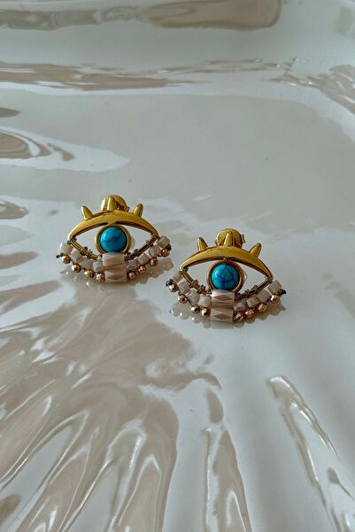 Trendy Butik أقراط العين المزينة بالخرز الأبيض الفولاذي