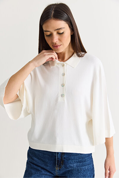 Bianco Lucci Women's Polo Collar Buttoned Bat Sleeve Mercerized Knitwear Blou...