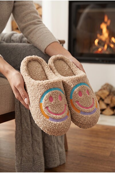 Moda Devrin Unisex Beige Color Smile Smiling Face Embroidered Soft Plush Wash...