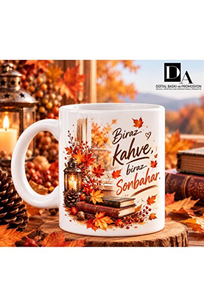 Sonbahar Temalı Kupa Bardak – Kahve Kitap Balkabağı ve Yaprak Desenli Klasik Beyaz Kupa
