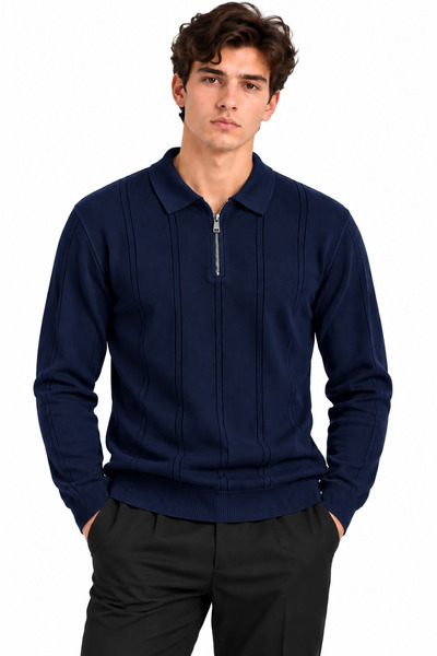 ribana Men's Ribbed Polo Collar Zippered Knitted Sweater 27151