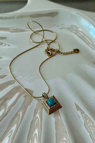 Trendy Butik Steel Square Turquoise Stone Necklace