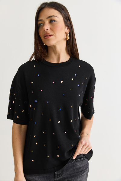 Bianco Lucci Women's Crystal Stone Printed Oversize Mercerized Short Sleeve B...