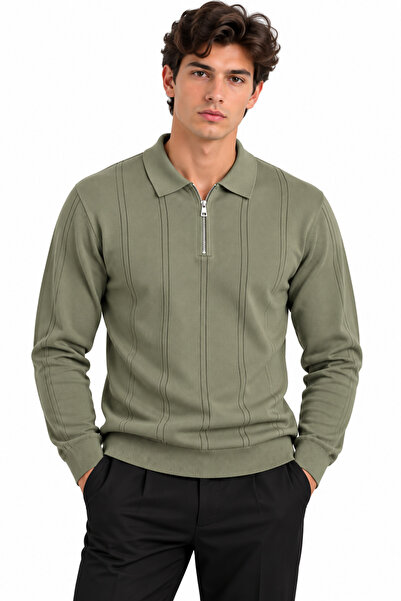 ribana Men's Ribbed Polo Collar Zippered Knitted Sweater 27151