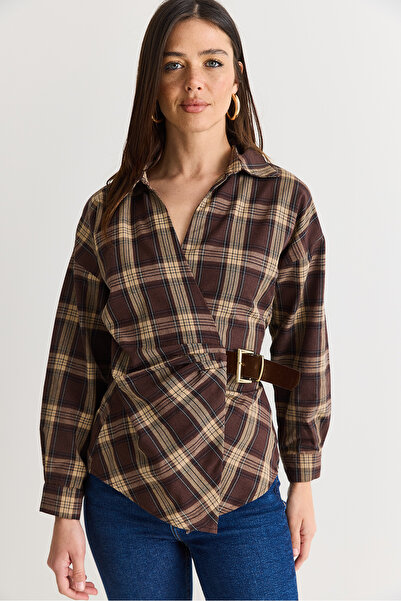 Bianco Lucci Women's V-Neck Plaid Patterned Belt Detailed Shirt 2350 60286567