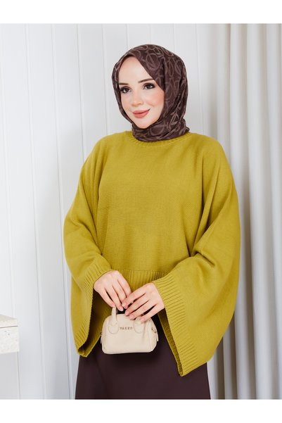 MİHRİZAR Women's Draped Yarasakol Knitwear Sweater Loose Cut Crew Neck Oversize Poncho Sweater