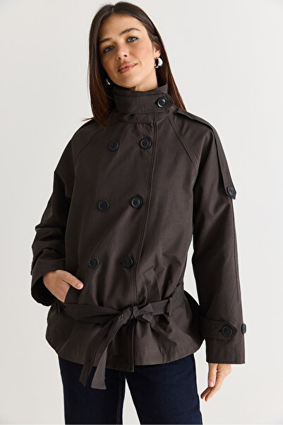 Bianco Lucci Women's Bitter Coffee Lined Stand Collar Double Button Detailed ...