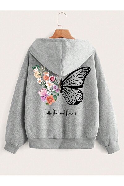 luci sports Flower Butterfly Zippered Cardigan Sweatshirt - Gray Printed Over...