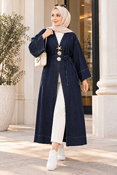 ASTEMİA Women's Gold Brooched Long Denim Jeans Hijab Kimono Sb0064