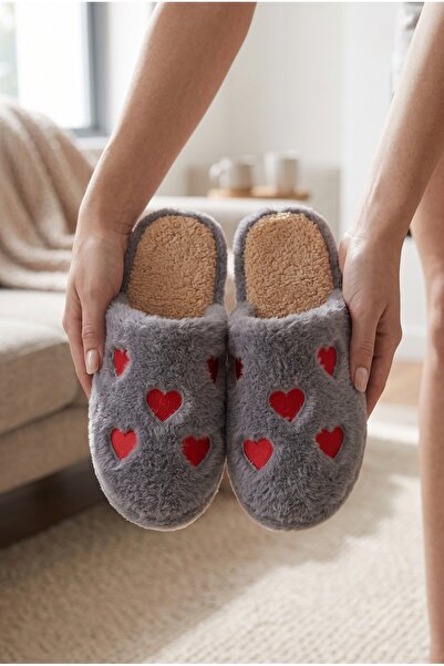 Moda Devrin Women's Gray Heart Patterned Plush House Slippers