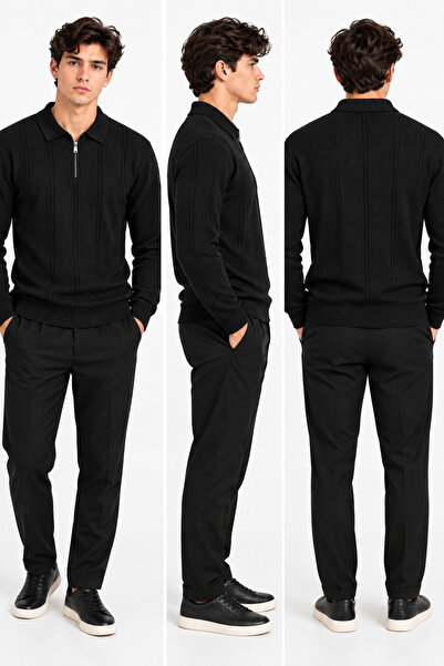 ribana Men's Ribbed Polo Collar Zippered Knitted Sweater 27151