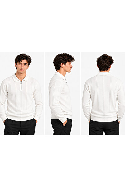 ribana Men's Ribbed Polo Collar Zippered Knitted Sweater 27151