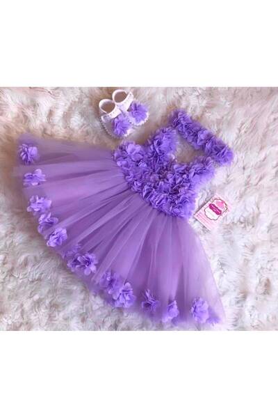GOLD TEKSTİL Lilac Rose Tulle Baby Girl Dress Crown and Booties Set Birthday ...