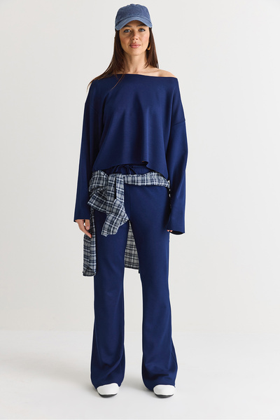Bianco Lucci Women's Navy Blue Boat Neck Loose Blouse High Waist Spanish Leg ...